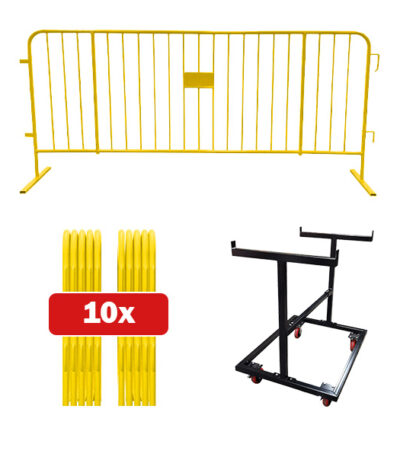 10 pack Yellow barricade bundle with push cart