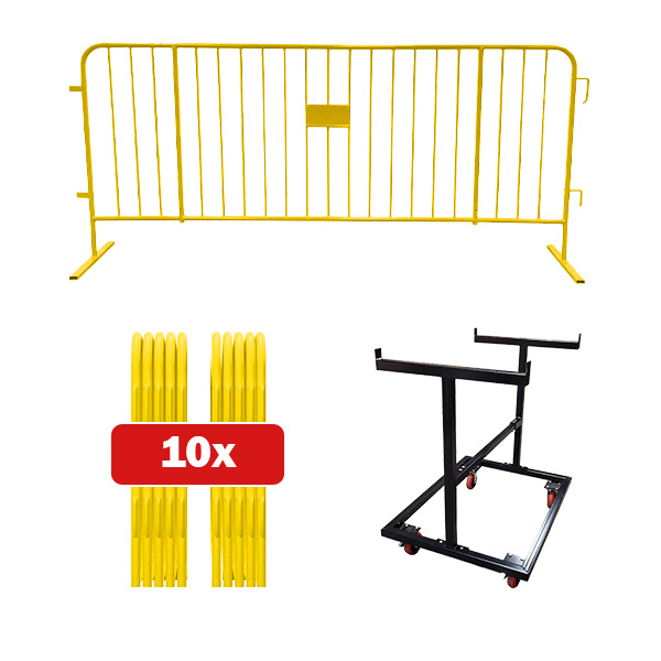 10 pack Yellow barricade bundle with push cart