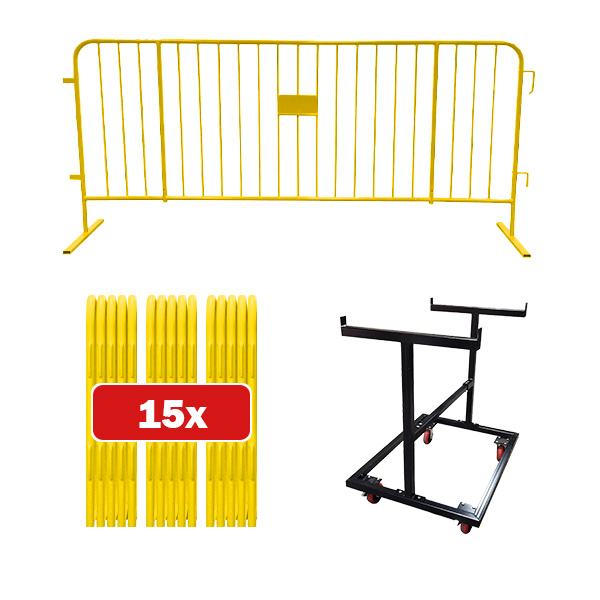 15 pack Yellow barricade bundle with push cart