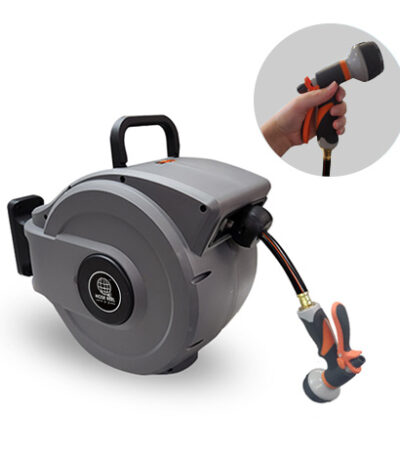 gray garden hose reel