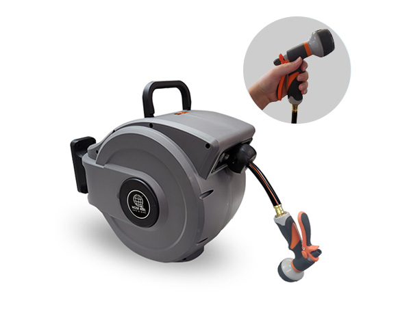 gray garden hose reel
