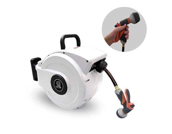 white garden hose reel